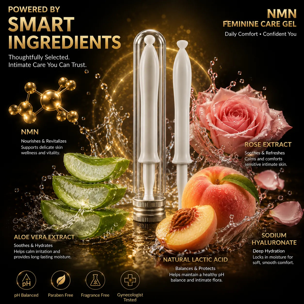 NMN feminine care gel featuring aloe vera, sodium hyaluronate, rose extract and lactic acid