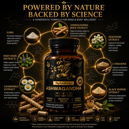 Ashwagandha supplement formula with GABA, L-Theanine, Holy Basil and Chamomile extracts