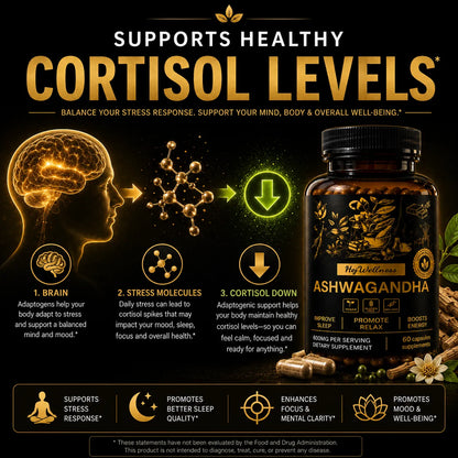 Ashwagandha supplement supporting healthy cortisol levels and stress response naturally