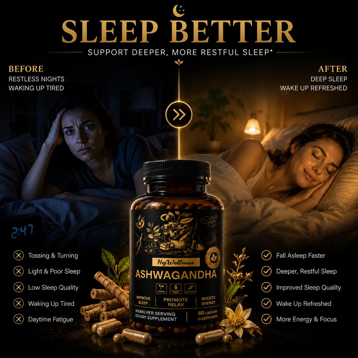 Ashwagandha supplement helping improve sleep quality and support restful sleep