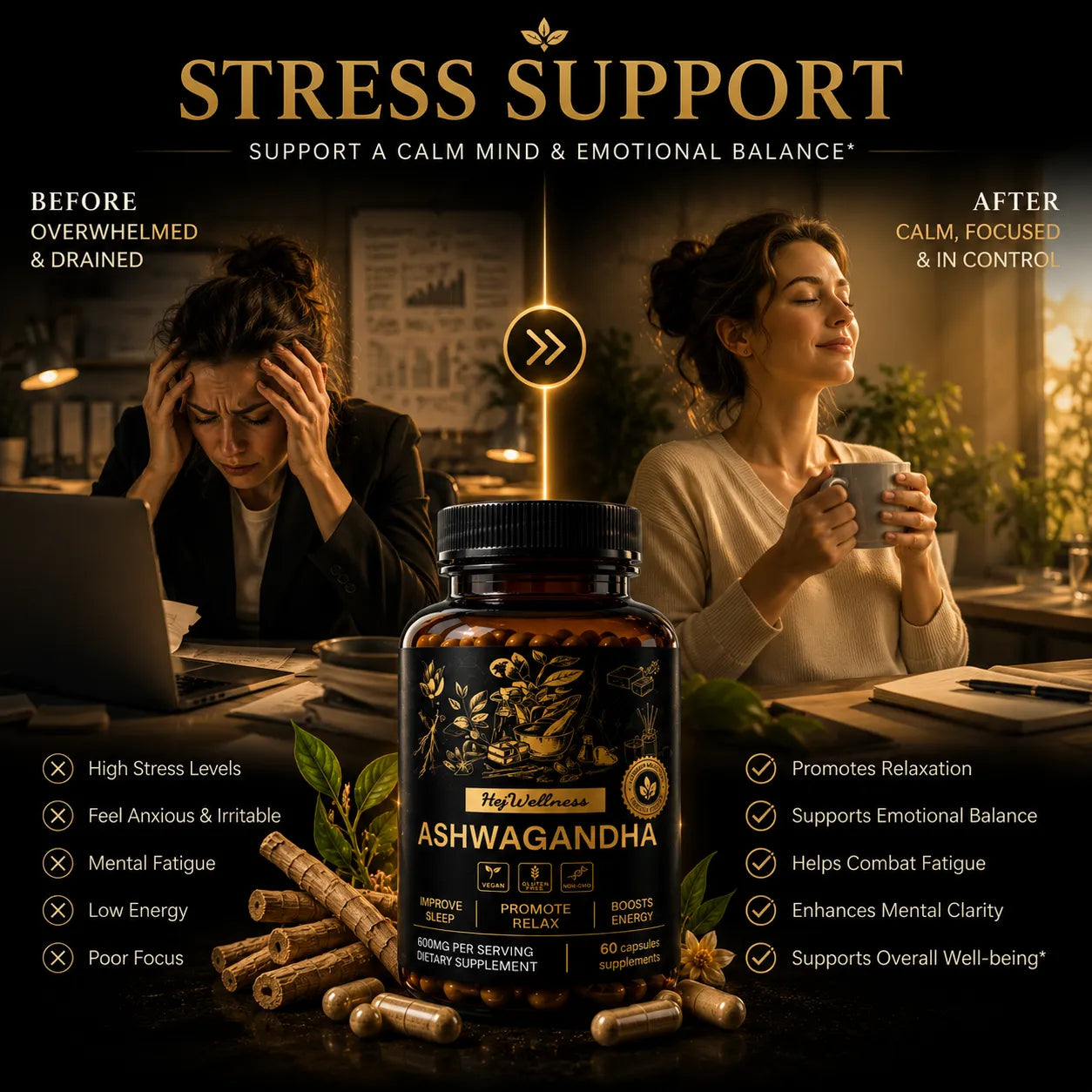 Ashwagandha supplement supporting emotional balance, relaxation and stress relief