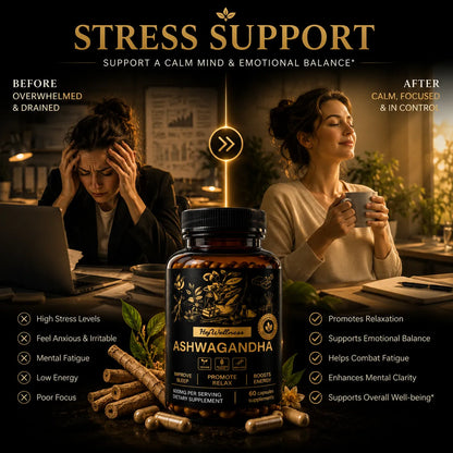 Ashwagandha supplement supporting emotional balance, relaxation and stress relief