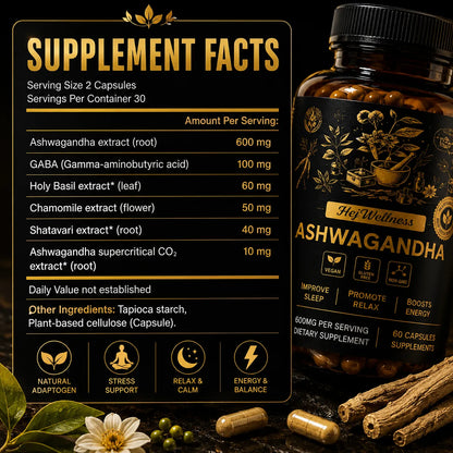 Ashwagandha supplement facts panel showing ingredients and serving information