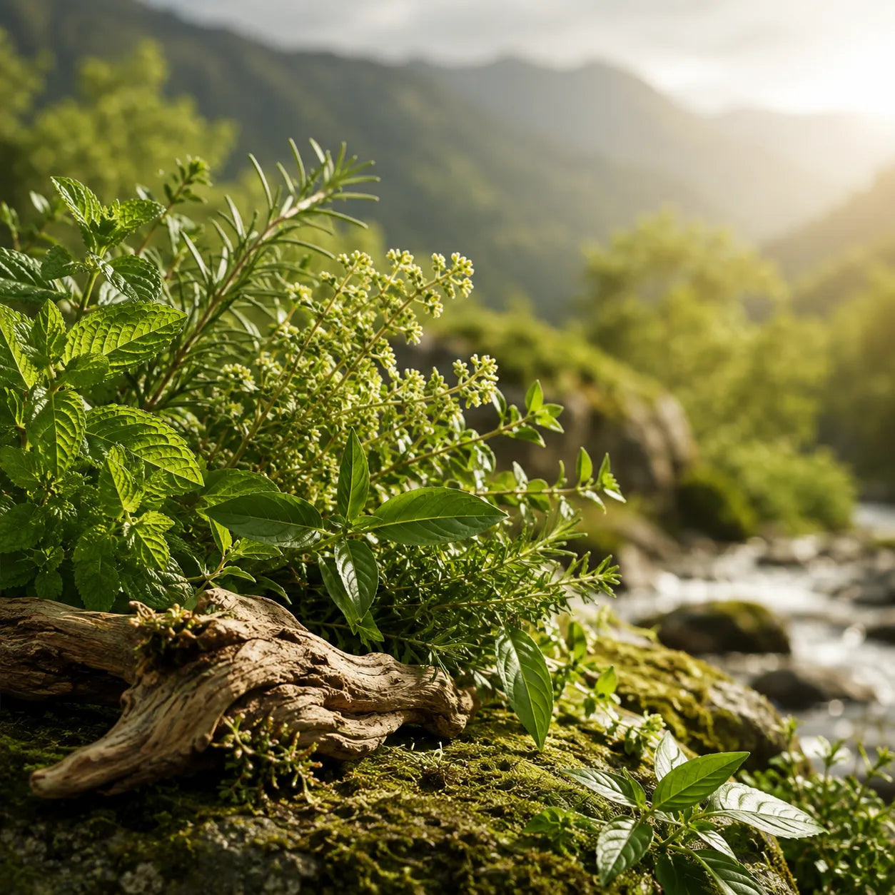 Natural botanical herbs growing in a pristine mountain environment