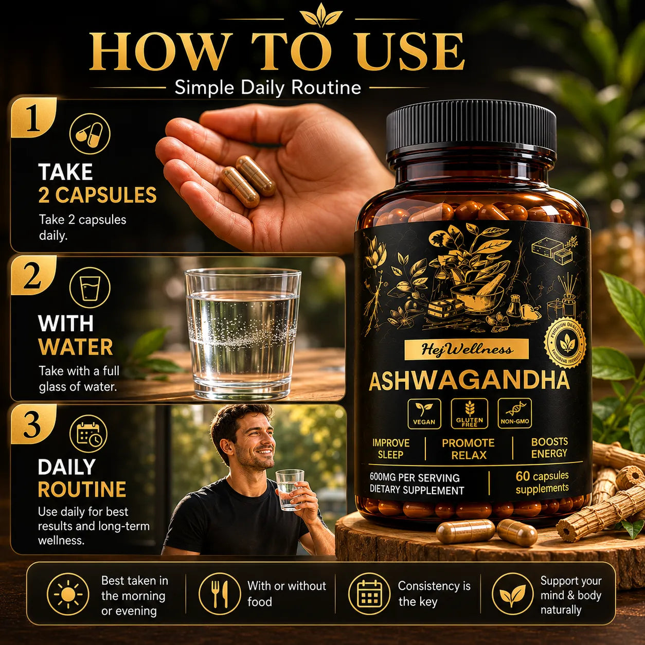 How to use Ashwagandha capsules daily for stress support and wellness
