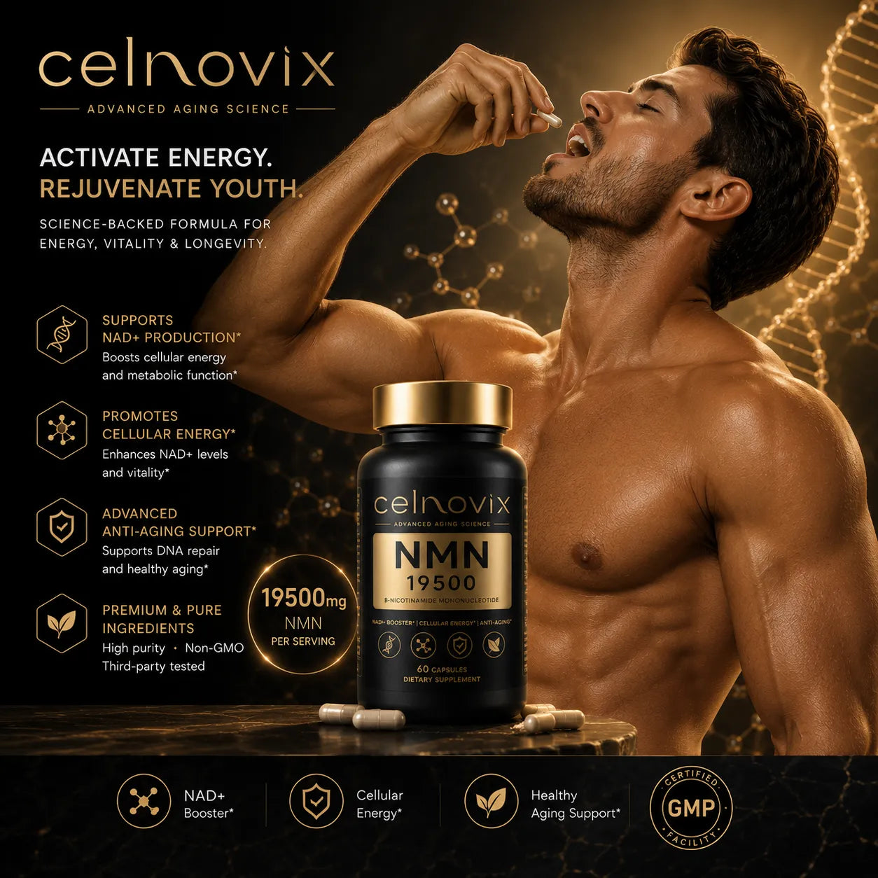 Man taking Celnovix NMN 19500 supplement formulated to support NAD+ production, cellular energy and daily vitality