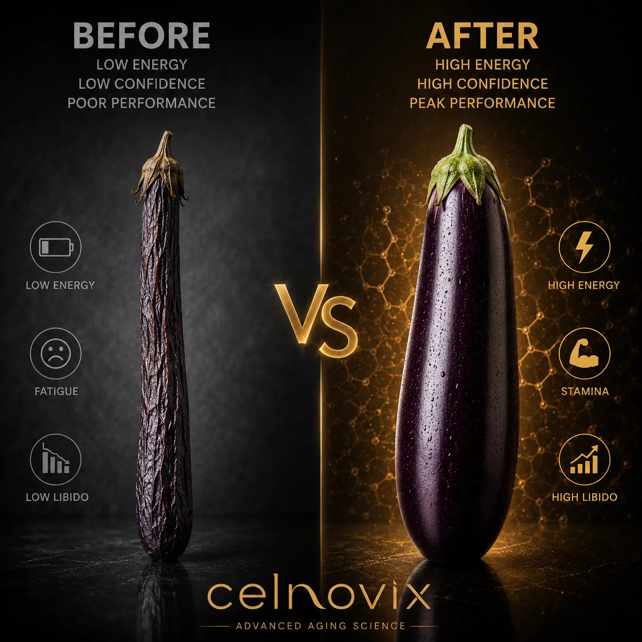 Before and after comparison showing the potential benefits of Celnovix NMN 19500 for energy, vitality and healthy aging support