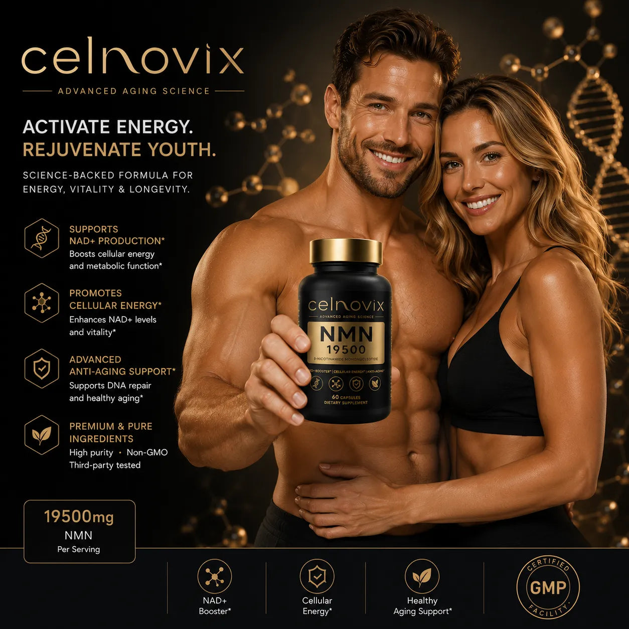 Celnovix NMN 19500 NAD+ booster supplement presented by an active and healthy couple supporting vitality and wellness