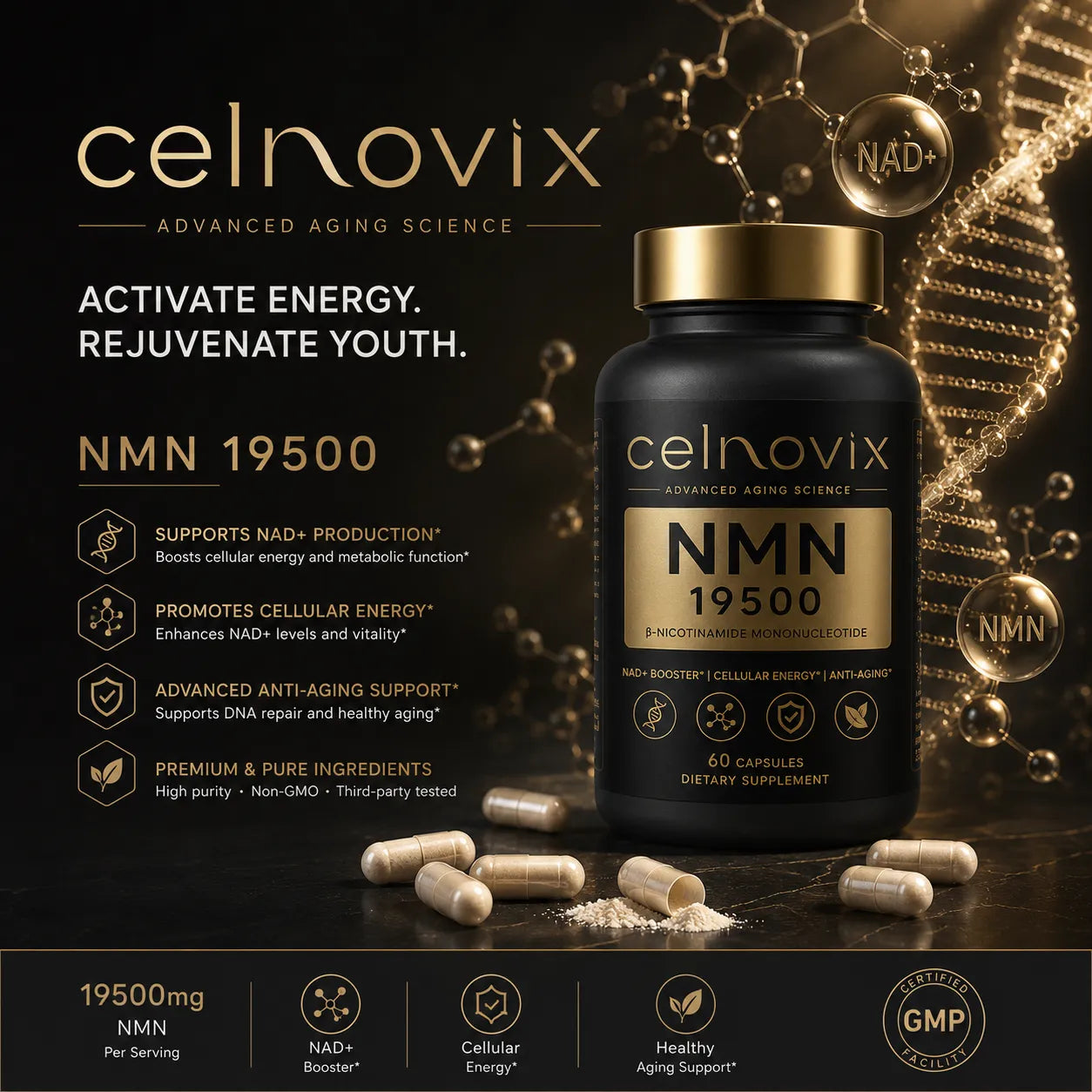 Celnovix NMN 19500 supplement with NAD+ booster for cellular energy, healthy aging support and metabolic function