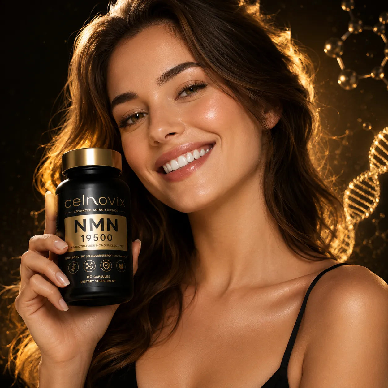 Smiling woman holding Celnovix NMN 19500 supplement bottle for healthy aging, cellular energy and NAD+ support