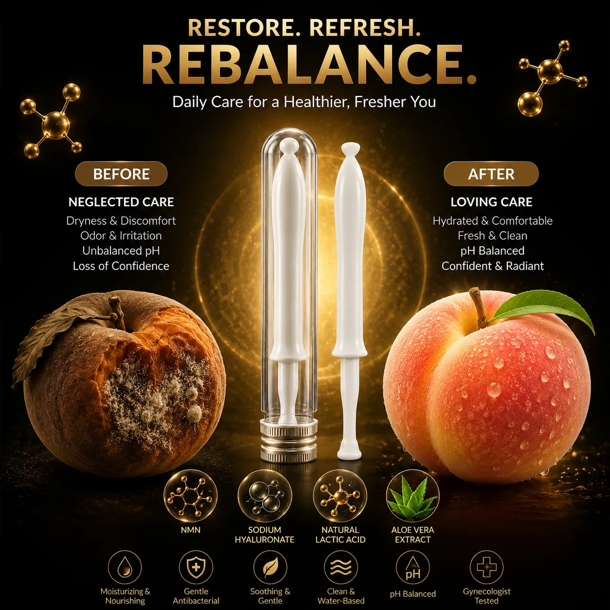 Before and after comparison illustrating hydration, freshness and pH balance support with NMN feminine care gel