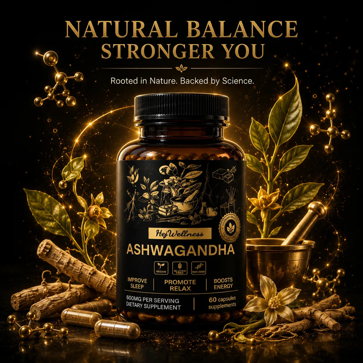 Premium Ashwagandha root extract supplement for stress support, energy and wellness