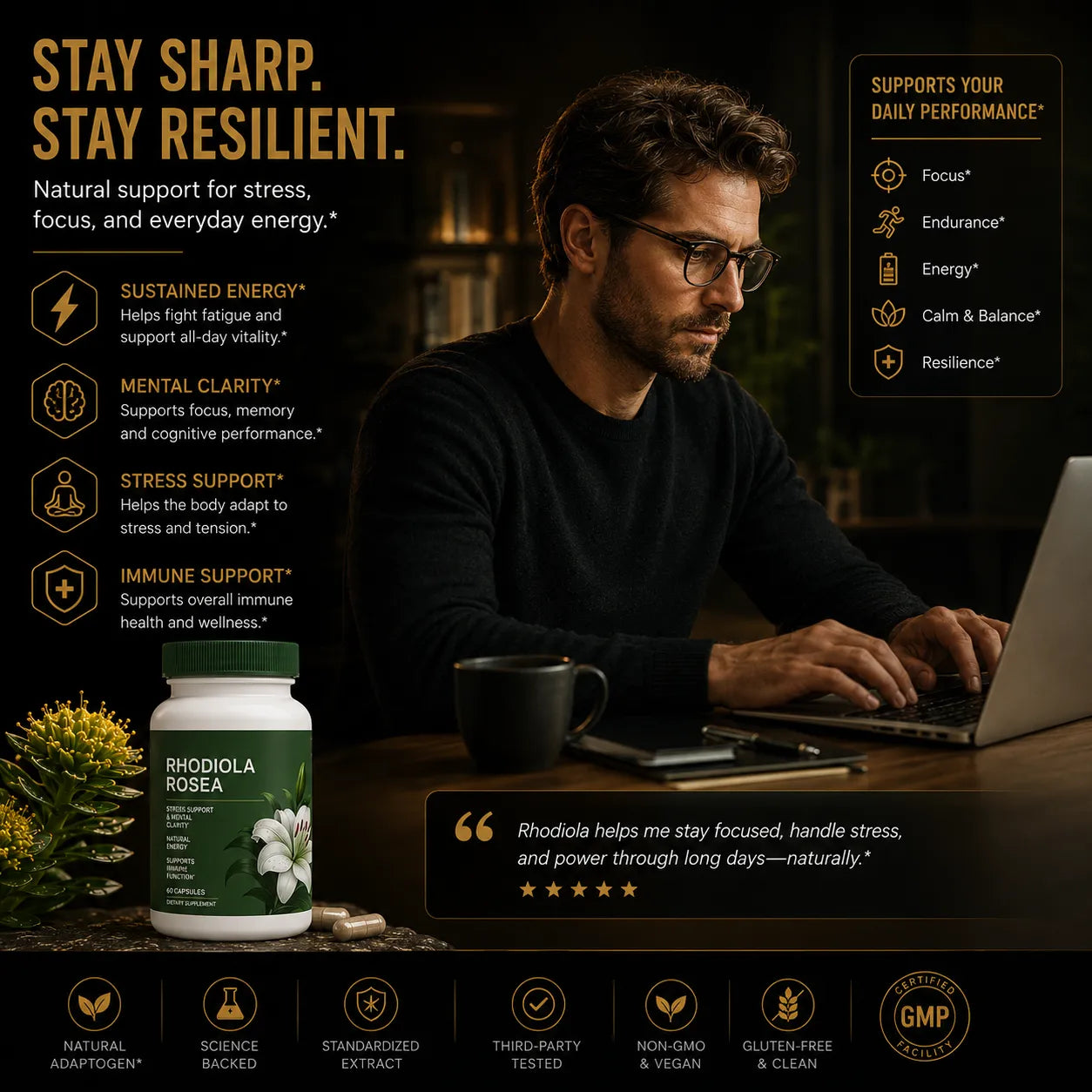Rhodiola Rosea supplement supporting focus, mental clarity, stress resilience and daily energy