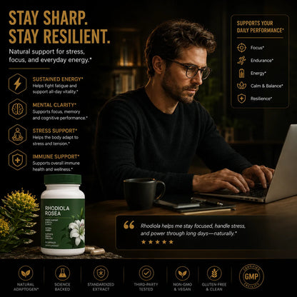 Rhodiola Rosea supplement supporting focus, mental clarity, stress resilience and daily energy